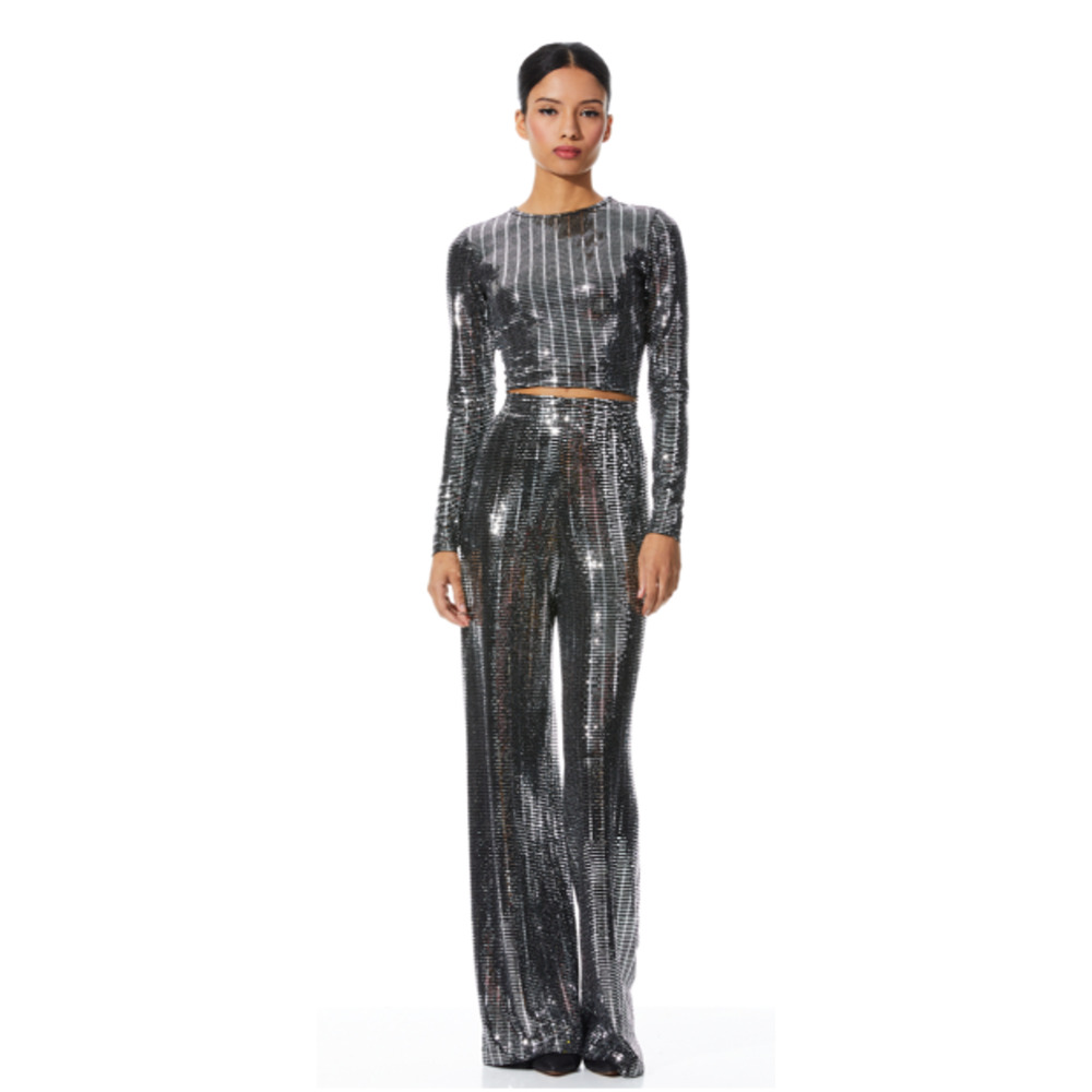Alice + Olivia Women's Silver Delaina Embellished Long Sleeve Top + Pants Set XL